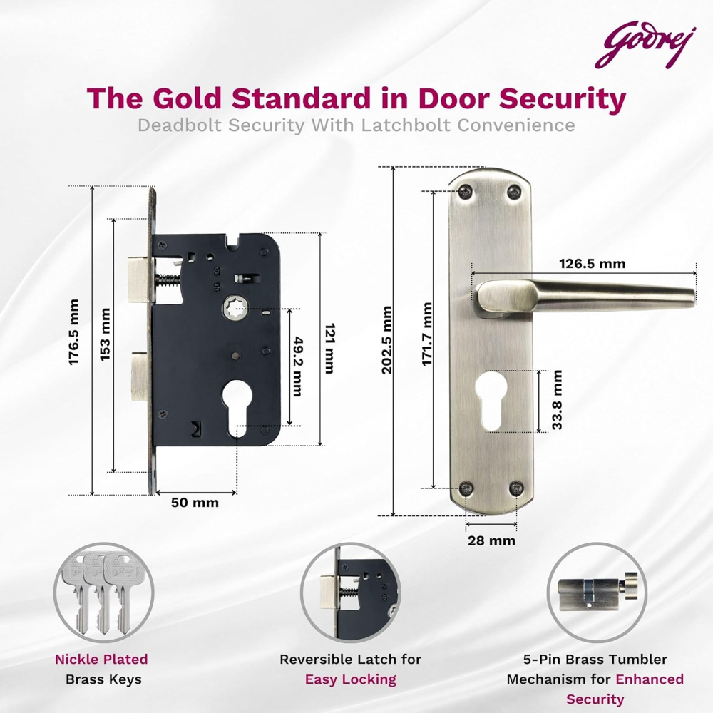 Godrej Mortise Lock I Handle Set 1CK EM01 I Antique Brass Finish I 6-Lever Lock I 3 Keys I Double Throw I 5